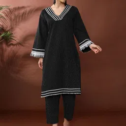Anouk Striped V-Neck Kantha Work Pure Cotton Straight Kurta With Trousers-picture-34
