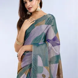 JYA Women Teal Printed Tissue Silk Saree-image-88