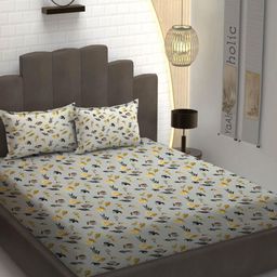 YaAkholic Grey & Yellow Ethnic Motifs 210 TC Queen Bedsheet with 2 Pillow Covers-image-82