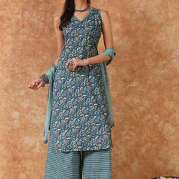 Meeranshi Floral Printed V-Neck Sleeveless Pure Cotton Kurta With Palazzos & Dupatta-picture-53