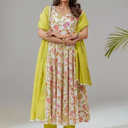 KASYA Women Floral Printed Cotton Kurta with Trousers & Dupatta-image-61