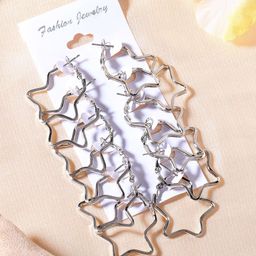 Estele Set Of 6 Rhodium Plated Star Shaped Hoop Earrings-10