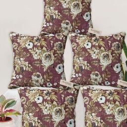 Blue Grass Maroon & Beige Set Of 5 Floral Velvet Square Cushion Covers-image-92