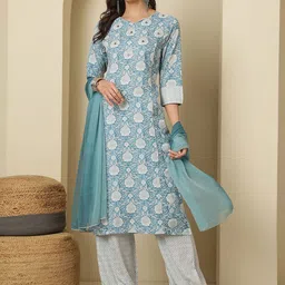 Sangria Women Floral Printed Round Neck Straight Kurta & Trouser With Dupatta-1