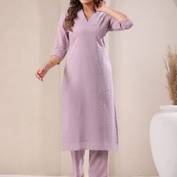 Janasya Self Design V-Neck Pure Cotton Straight Kurta with Trouser-37