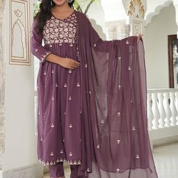 MF Hayat Floral Embroidered V-Neck Anarkali Pure Cotton Kurta With Trousers & Dupatta-picture-9