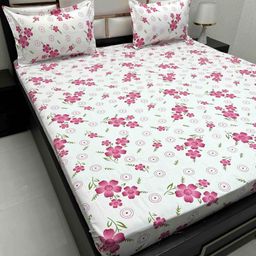 Pure Decor Pink & White Floral Queen Bedsheet with 2 Pillow Covers-image-85