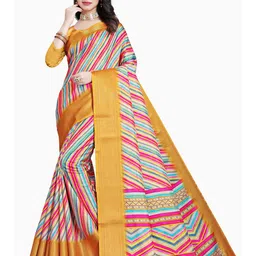 J 6 DESIGNER Leheriya Zari Silk Blend Block Print Saree-picture-3
