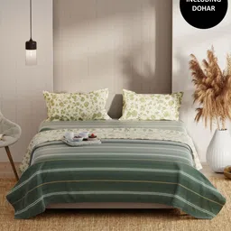 KOPA Green & Orange 4 Pcs Striped Cotton Queen Dohar & Bedsheet 2 Pillow Covers-picture-33