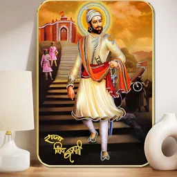 SAF Yellow & Orange Chhatrapati Shivaji Maharaj Printed Wooden Wall Art-1