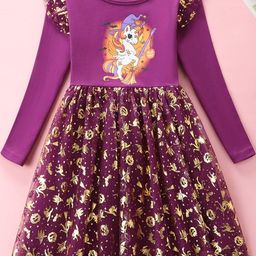 INCLUD Girls Unicorn Printed Flutter Sleeves Fit & Flare Dress-image-0