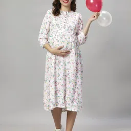 Mammas Maternity Women Floral Printed Mandarin Collar Maternity Fit & Flare Midi Dress-image-42