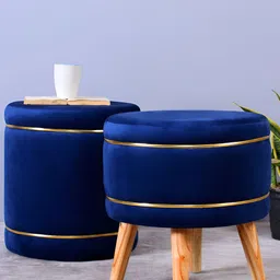Shadowkart Set Of 2 Blue Wooden Round Shaped Ottomans-19
