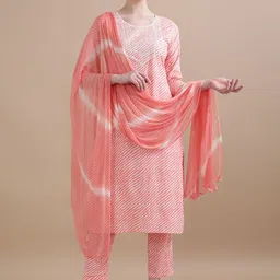 Jaipur Kurti Pink Leheriya Printed Thread Work Pure Cotton Kurta with Trouser & Dupatta-12