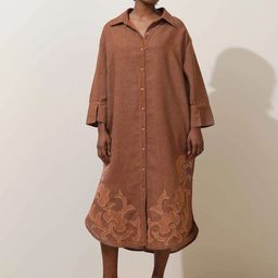 trueBrowns Women Sierra Brown Embroidered Natural Cotton Dress-image-23
