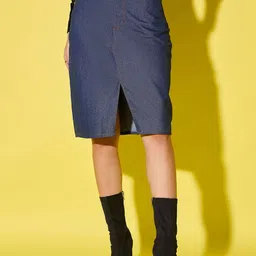 DIMPY GARMENTS Denim High-Waist Knee Length Skirt With Front Slit-image-34