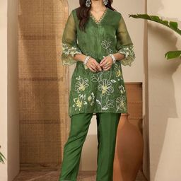 Sangria Floral Embroidered Pure Silk V-Neck Tunic & Trousers Co-Ords-picture-36