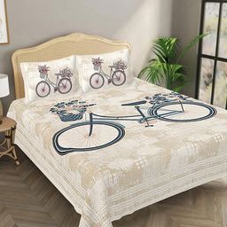 Aura Beige & Blue Graphic 144 TC Pure Cotton King Bedsheet With 2 Pillow Covers-image-61