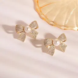 DIVASTRI Gold-Plated Stones Studded & Pearls Beaded Korean Quirky Shaped Studs-0