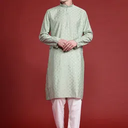 MANQ Men Geometric Thread Work Kurta-7