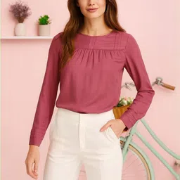 HERE&NOW Women Dusty pink Georgette Solid Round Neck long Nylon Causal Top-picture-30