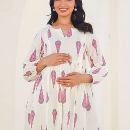 Janasya Women's Off White Pure Cotton Ikkat Printed A-line Maternity Tunic-image-87