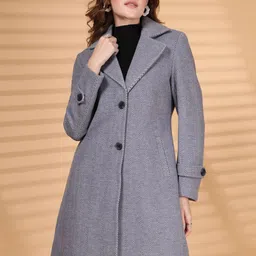 Thirty Threads Women Self Design Notched Lapel Collar Single-Breasted Long Overcoat-picture-7