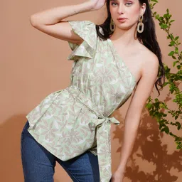 Boholyfe Floral Print One Shoulder Flutter Sleeve Crepe Peplum Longline Top-picture-13