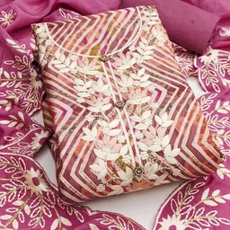 HERE&NOW Floral Embroidered Beads And Stones Unstitched Dress Material-image-85