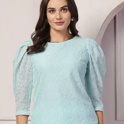 Style Quotient Women Self Design Round Neck Puff Sleeve Cotton Lace Top-52