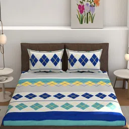 RIDHAAN Blue & White Geometric 220 TC Queen Bedsheet with 2 Pillow Covers-52
