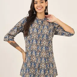 BAESD Floral Print Mandarin Collar Roll-Up Sleeves Ethnic Cotton Top-image-65