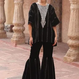 AJIESH OBEROI Embroidered Round Neck Three Fourth Sleeves Kaftan Top With Sharara Co-Ords-picture-35