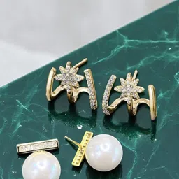 Krelin Set Of 2 Gold-Plated Artificial Stones Studded And Pearls Beaded Contemporary Studs-image-78