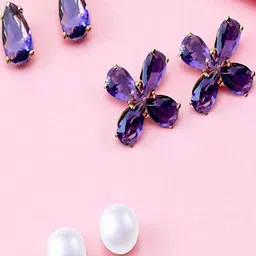 AccessHer Set of 3 Gold-Plated & Purple Alloy Artificial Stones Earrings-picture-6