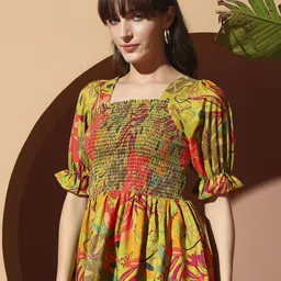 ZWERLON Women Abstract Printed Puff Sleeve Square Neck Smocked Peplum Regular Top-picture-23