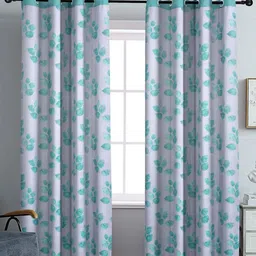 Aura White & Blue Set of 2 Floral Black Out Long Door Curtain-image-56