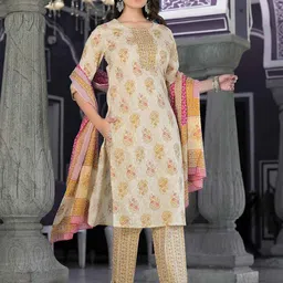 DE CAMA Ethnic Motifs Printed Mirror Work Pure Cotton Kurta With Trousers & Dupatta-picture-20