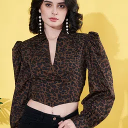 ANVI Be Yourself Animal Print Bishop Sleeves Crepe Crop Top-image-70