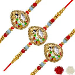 MEIRA JEWELLERY 3P Peacock Love: Meenakari Combo Rakhi for Your Darling Brother Gold Finish-image-42
