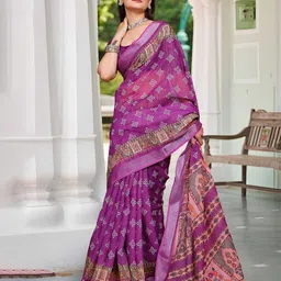 Moda Rapido Floral Printed Zari Saree with Zari Border and Blouse Piece-image-67