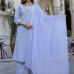 EthniFlair Floral Yoke Design V-Neck Pure Cotton Straight Kurta With Palazzos & Dupatta-image-91