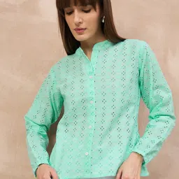 Moda Rapido Embroidered Mandarin Collar Schiffli Cotton Shirt Style Top-picture-32