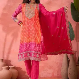 Sangria Bhandani Printed Round Neck Straight Kurta With Trousers And Dupatta-picture-36