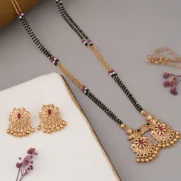 TKRB SALES Gold-Plated Artificial Stones Studded & Beaded Vati Mangalsutra With Earrings-picture-27