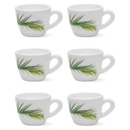 Larah by BOROSIL White & Green 6 Pieces Printed Opalware Glossy Cups - 140 ml Each image 2