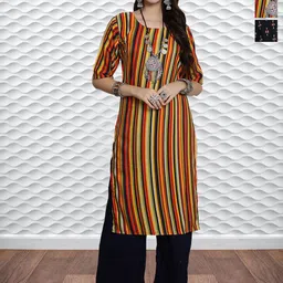 HERE&NOW Selection Of 3 Striped Round Neck Straight Kurtas-picture-12