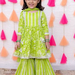 AATYA KIIDS Girls Floral Printed Pure Cotton Anarkali Kurta With Sharara-image-32