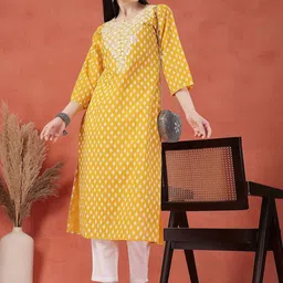 Sangria Floral Printed Thread Work Notch Neck Pure Cotton Straight Kurta-image-57