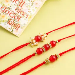 NVR Men Set of 3 Red Artificial Beads & Pearls Thread Rakhi with Roli Chawal Chandan-0